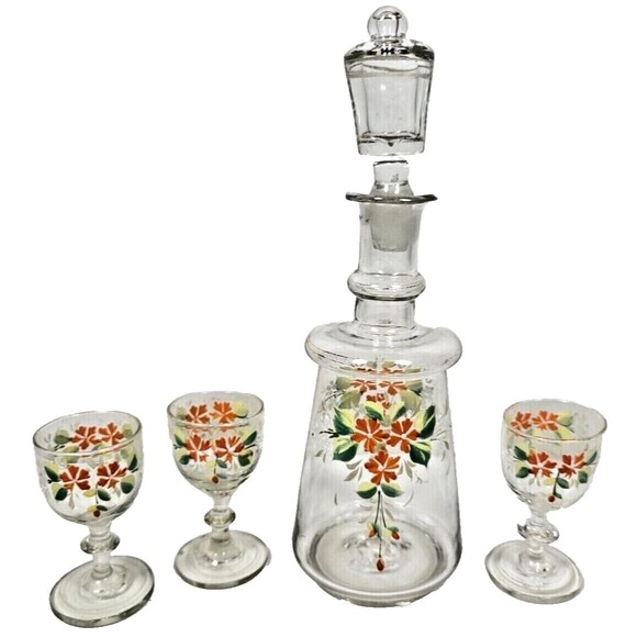 Glass Decanter with 3 Cordial Glasses Hand Painted Vtg Floral Holiday Barware - Picture 1 of 8